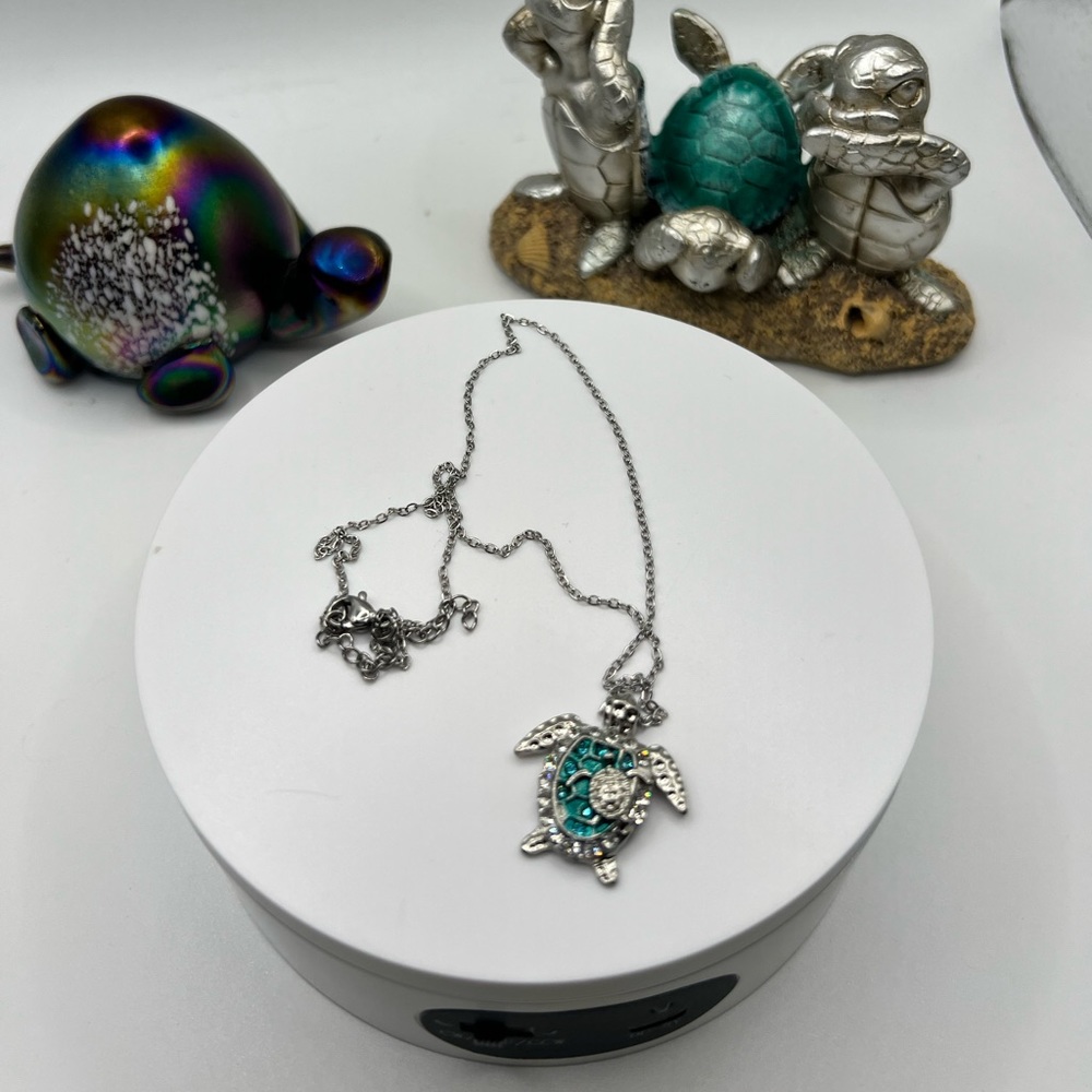 Stainless Steel Turtle Pendant on Chain W/ Crystals & Cubic Zirconias NEW